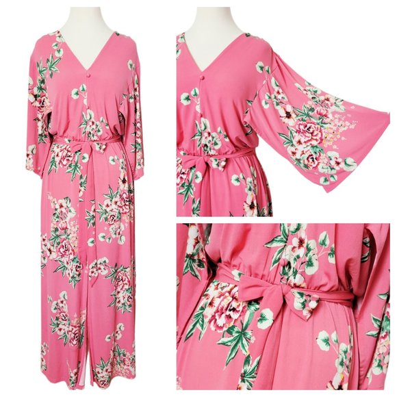 !!SOLD!! New York & Company Pink Floral Belted Maxi Dress w Kimono Style Sleeves - Picture 15 of 16